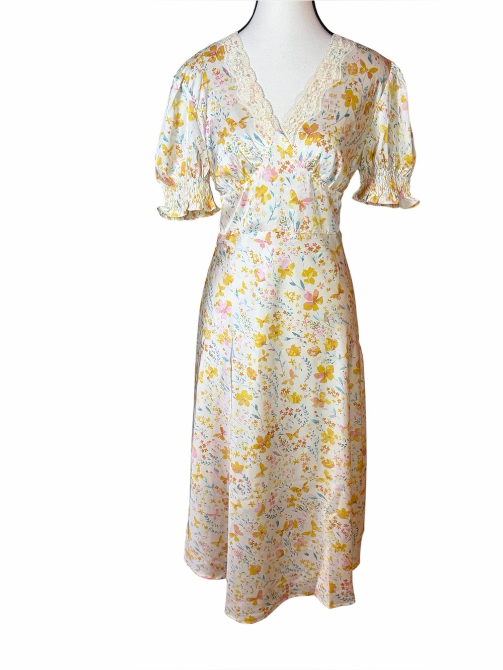 Simple Retro Lace Trim V-Neck Midi Dress Yellow Floral Puff Sleeve Size L NWT